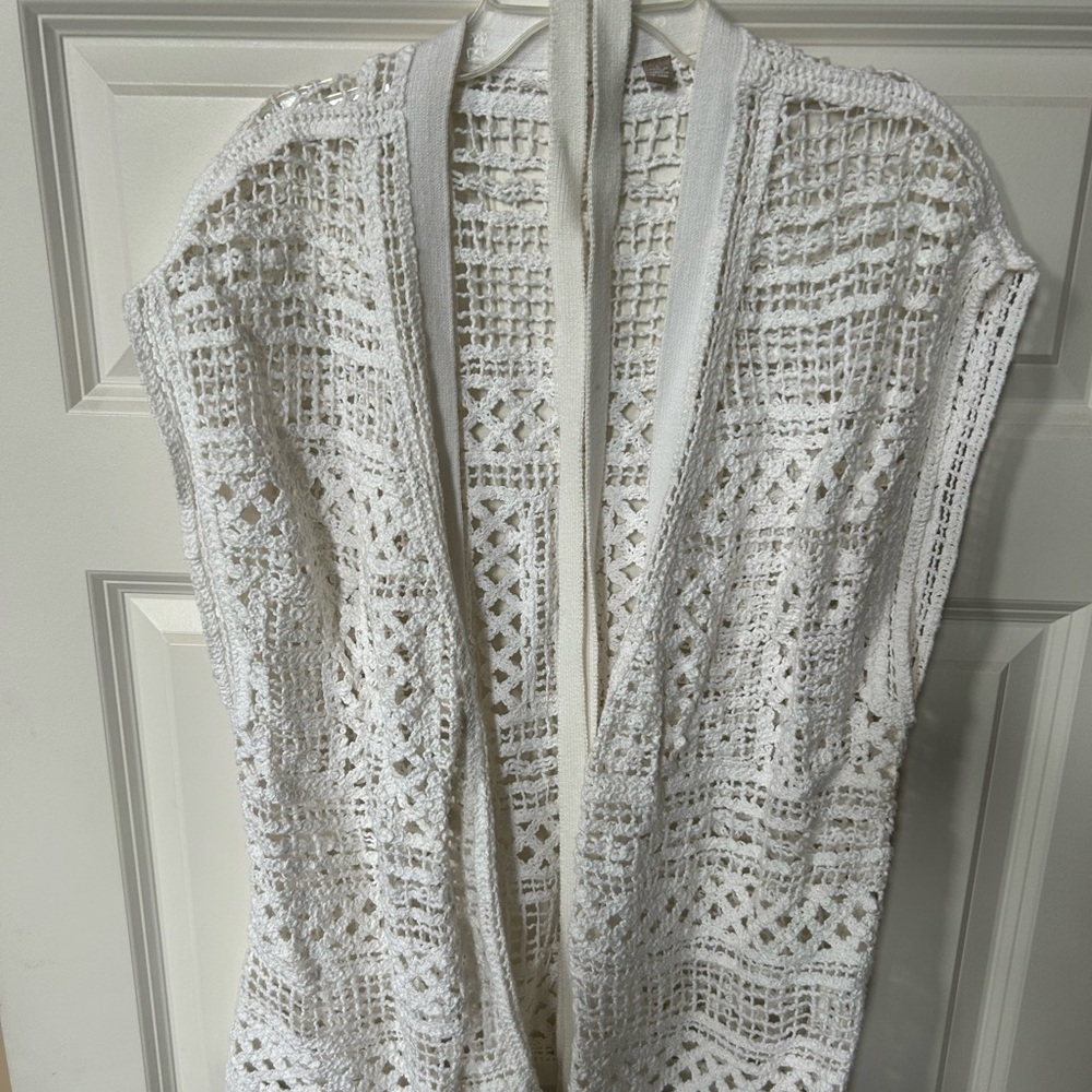 Knitted & Knotted (Anthropologie) crocheted vest jacket with optional tie belt.